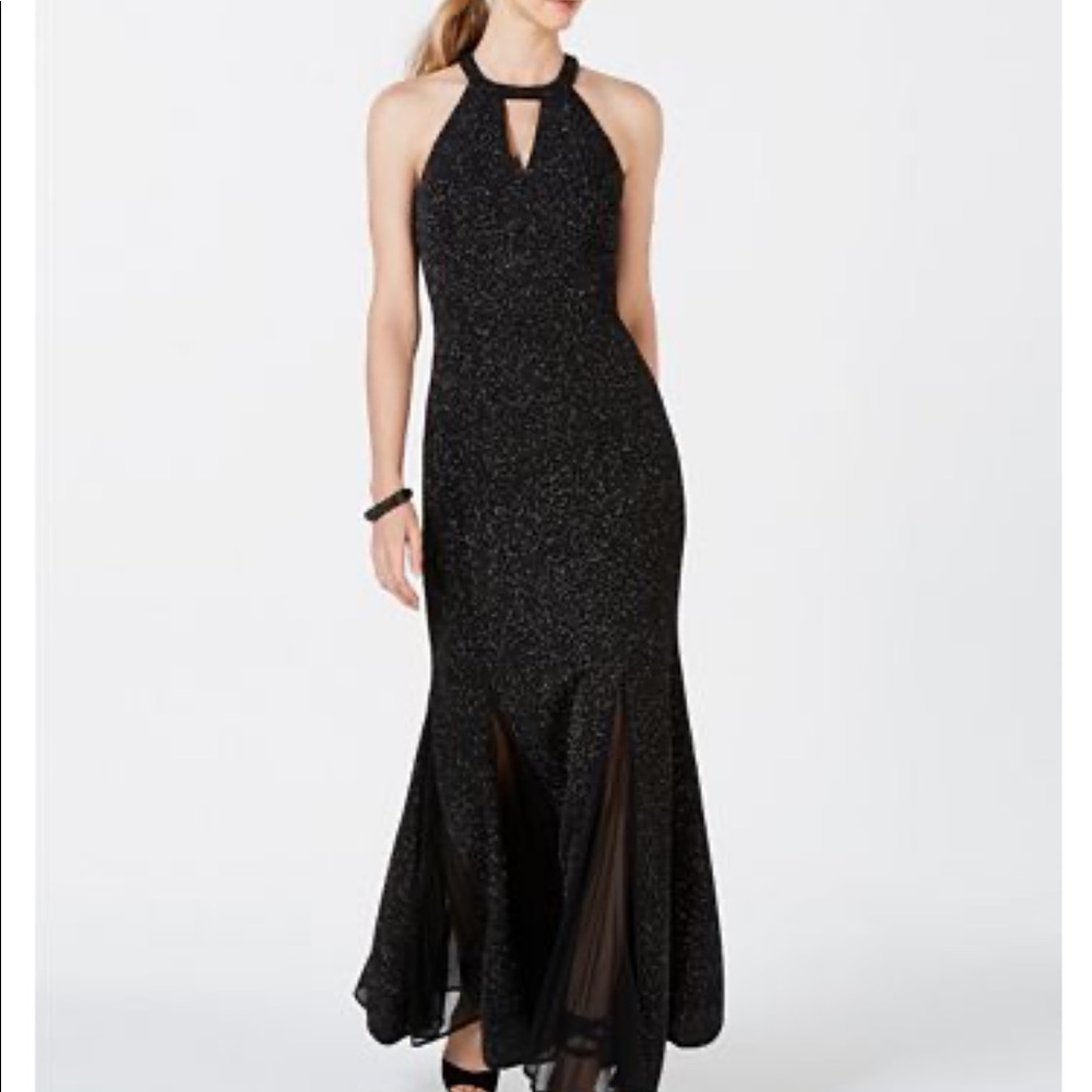Formal black and metallic halter-style long gown